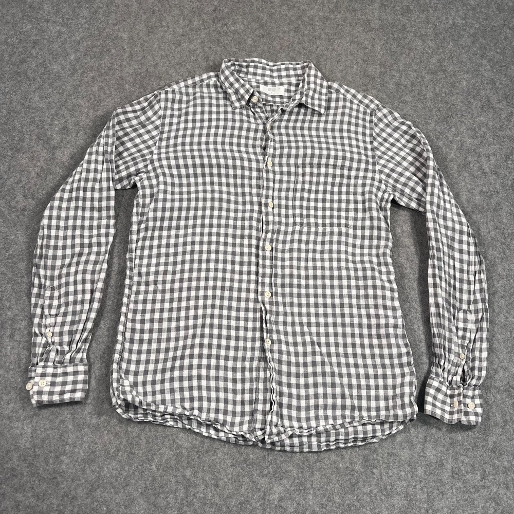 Uniqlo Black‎ White Gingham Plaid Linen Button Down Shirt Men's Size Medium